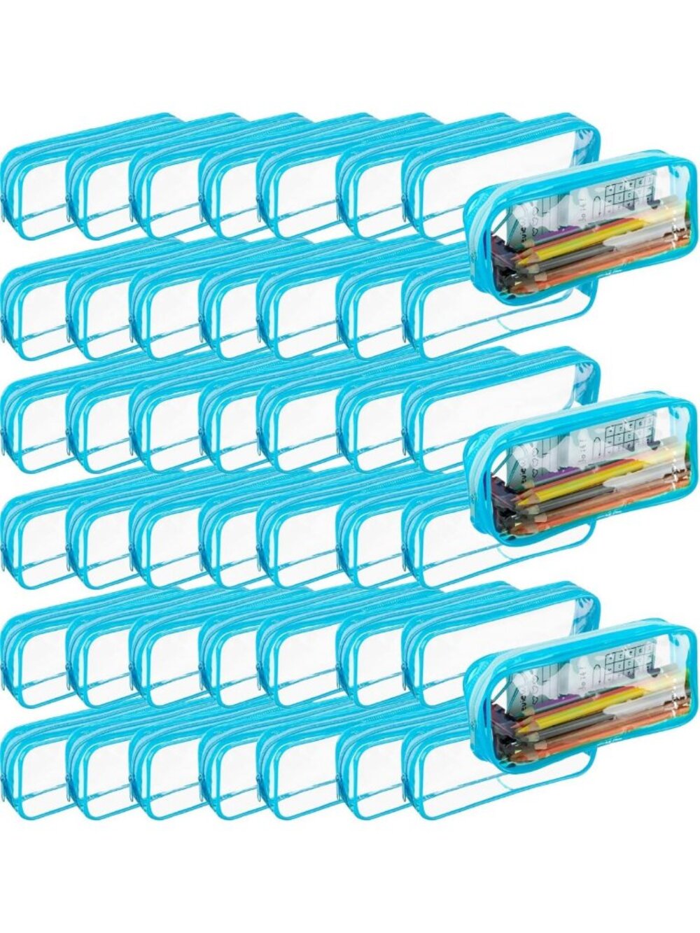 50 Pcs Clear Zipper Pencil Pouch Set - 7.87x1.38, Blue Bulk Storage Bags